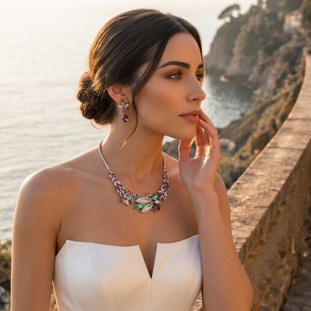 Fleur de Rêve™ – Rhodium-Plated Cubic Zirconia Three-Dimensional Flower Jewelry Set