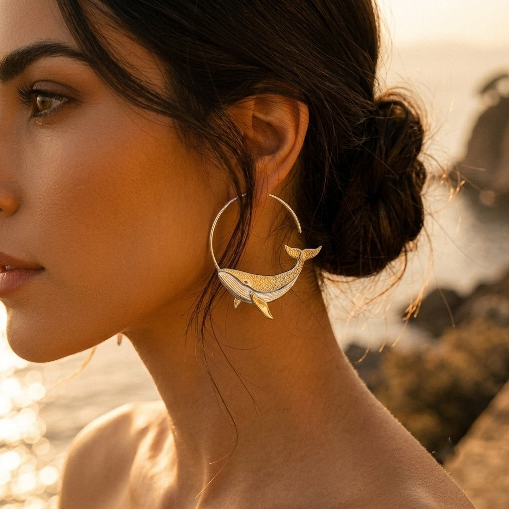 Azure Leviathan Silver Hoop Earrings™ - 18K Gold Whale Earrings with Genuine 925 Sterling Silver Hoops