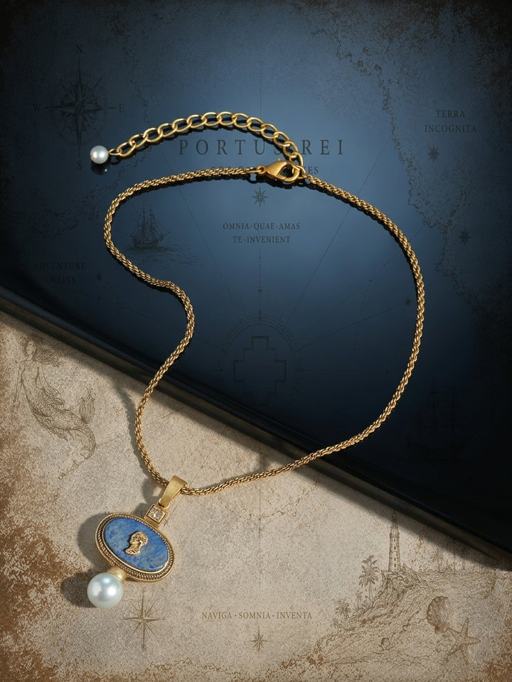 Bleu Reverie™ – Vintage Cameo Pearl Necklace &amp; Lapis-Inspired Stud Earring Set