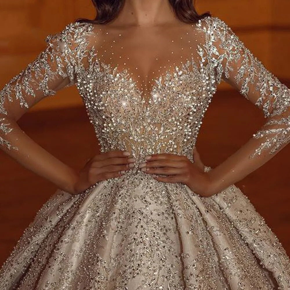 Long Sleeve Sweetheart Neckline Beaded Ball Gown Court Train Princess Bridal dress