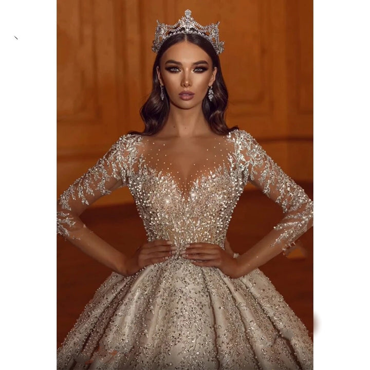 Long Sleeve Sweetheart Neckline Beaded Ball Gown Court Train Princess Bridal dress
