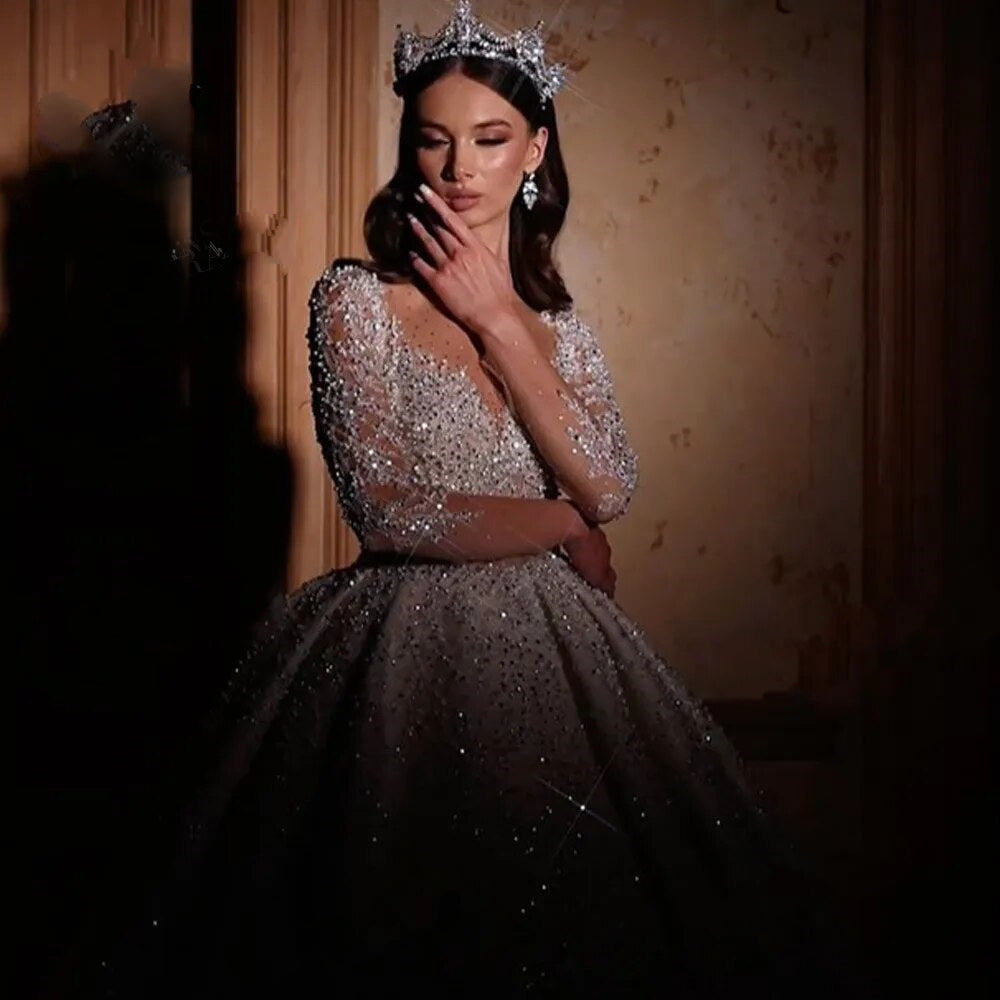 GRISELDA<br>Long Sleeve Sweetheart Neckline Beaded Ball Gown Court Train Princess Bridal dress