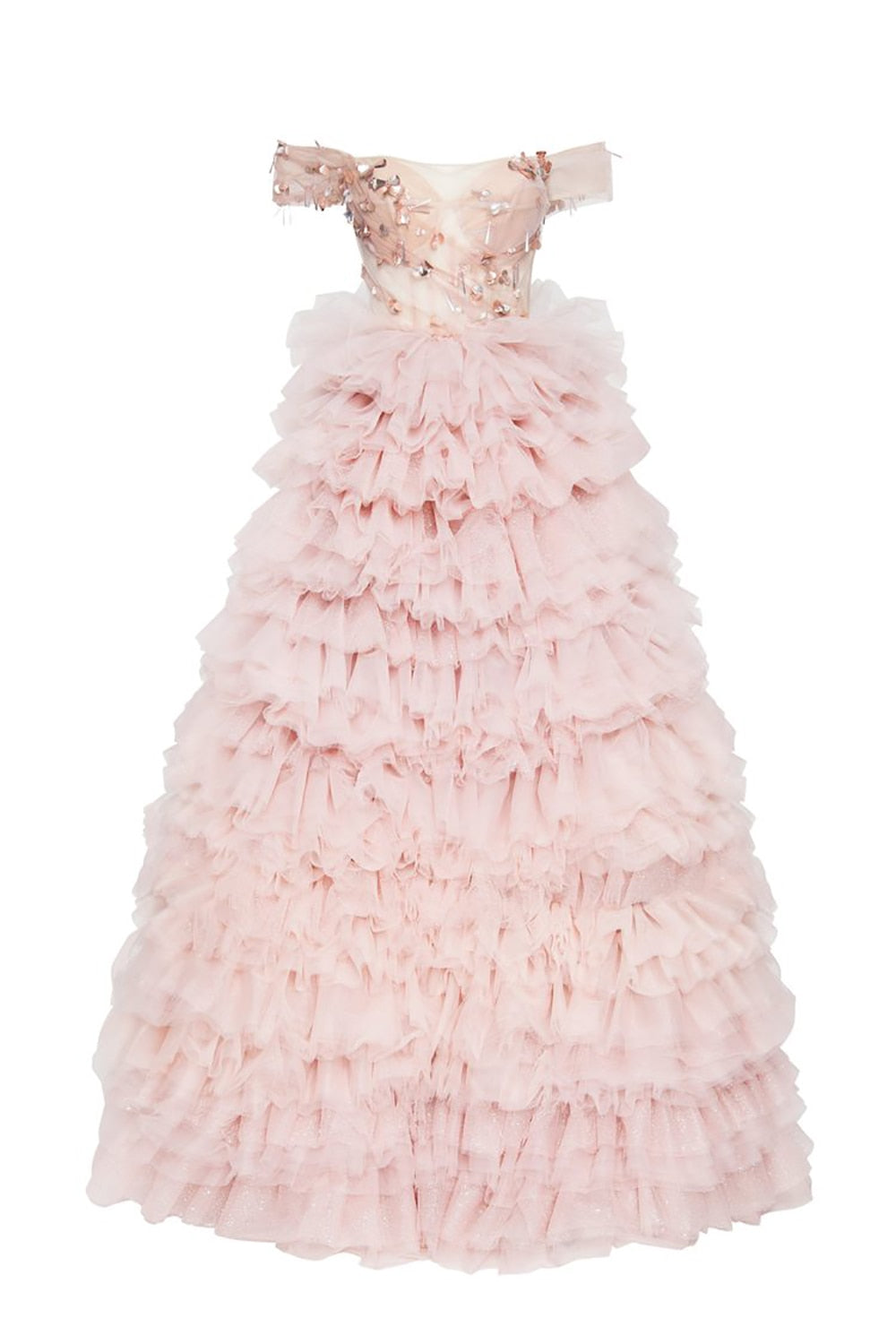 PEONY<br>Elegant Pink Tiered Crystal Beading Off-the-Shoulder Sequined A-Line Bridal Gown