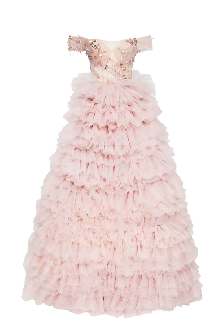 PEONY<br>Elegant Pink Tiered Crystal Beading Off-the-Shoulder Sequined A-Line Bridal Gown