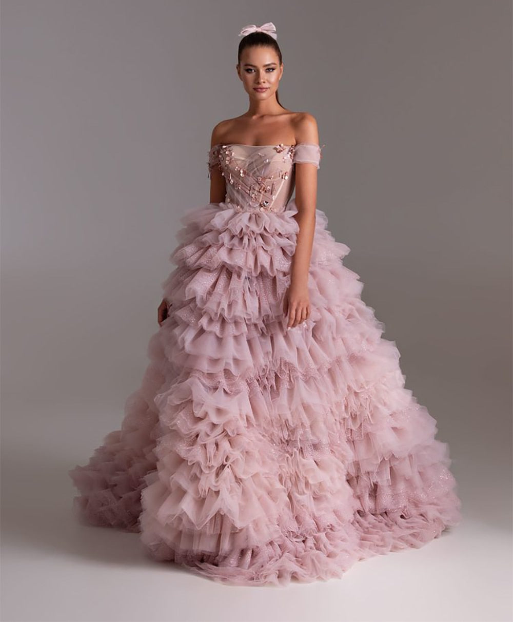 PEONY<br>Elegant Pink Tiered Crystal Beading Off-the-Shoulder Sequined A-Line Bridal Gown