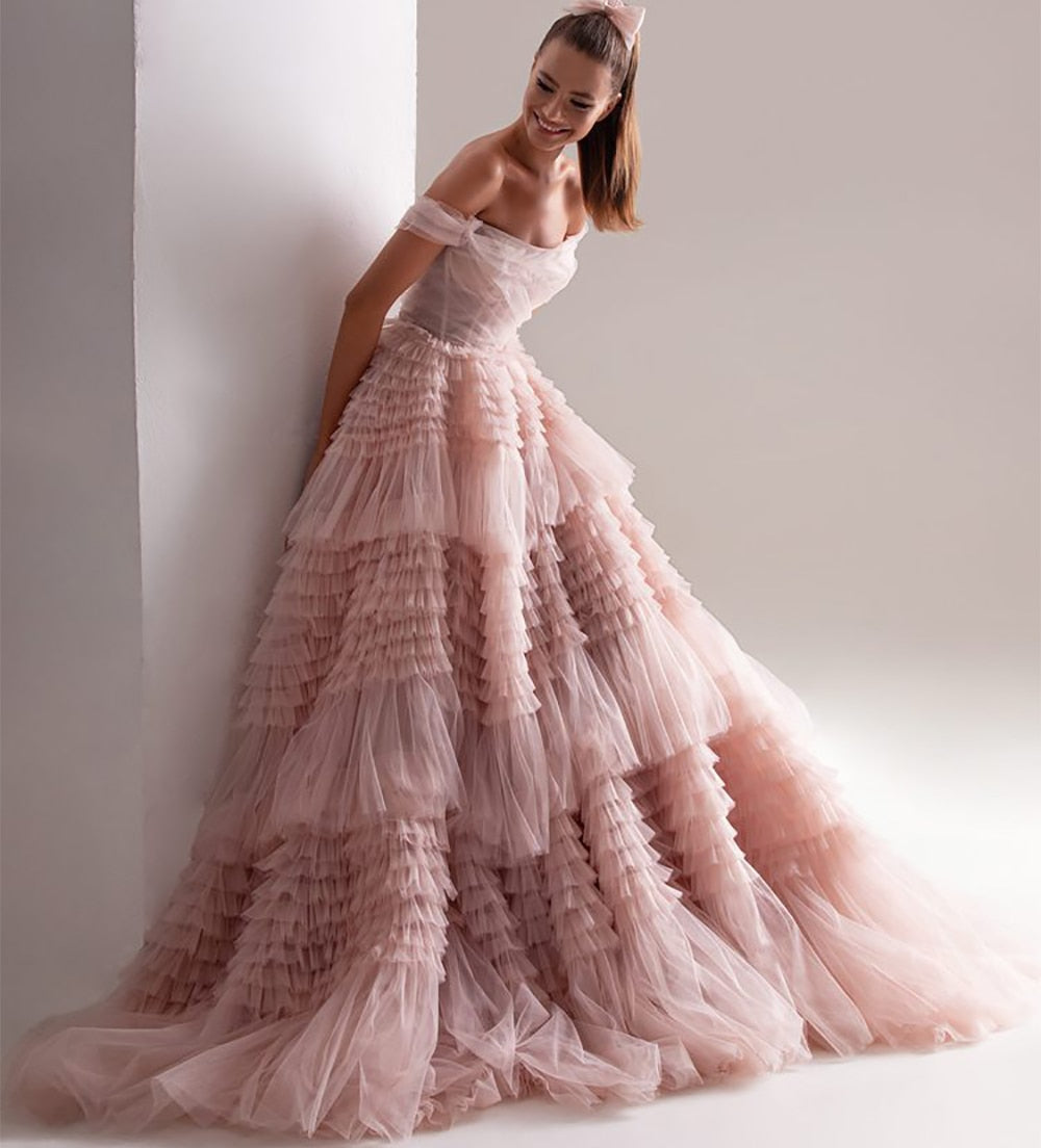 MIRAH<br>Dusty Pink Sweetheart Neckline Off-the-Shoulder Tiered Crumpled Long Tulle A-Line Wedding Dress