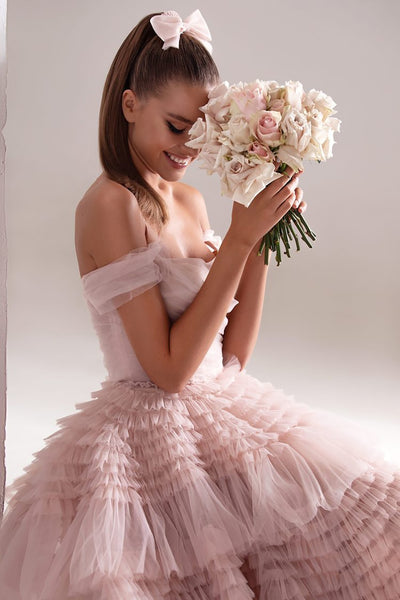 MIRAH<br>Dusty Pink Sweetheart Neckline Off-the-Shoulder Tiered Crumpled Long Tulle A-Line Wedding Dress