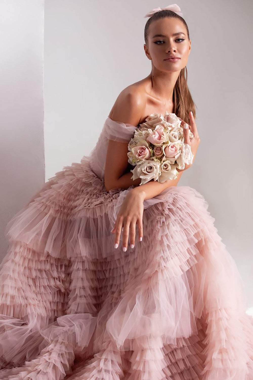 MIRAH<br>Dusty Pink Sweetheart Neckline Off-the-Shoulder Tiered Crumpled Long Tulle A-Line Wedding Dress