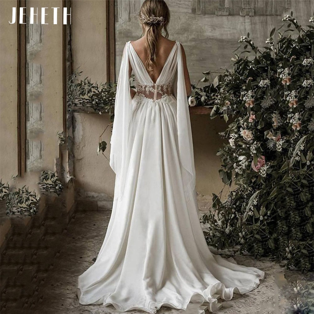 HERA<br>Greek Goddess inspired Vintage Chiffon Appliqué Boho Chic Beach Backless A-line Bohemian Bridal Gown