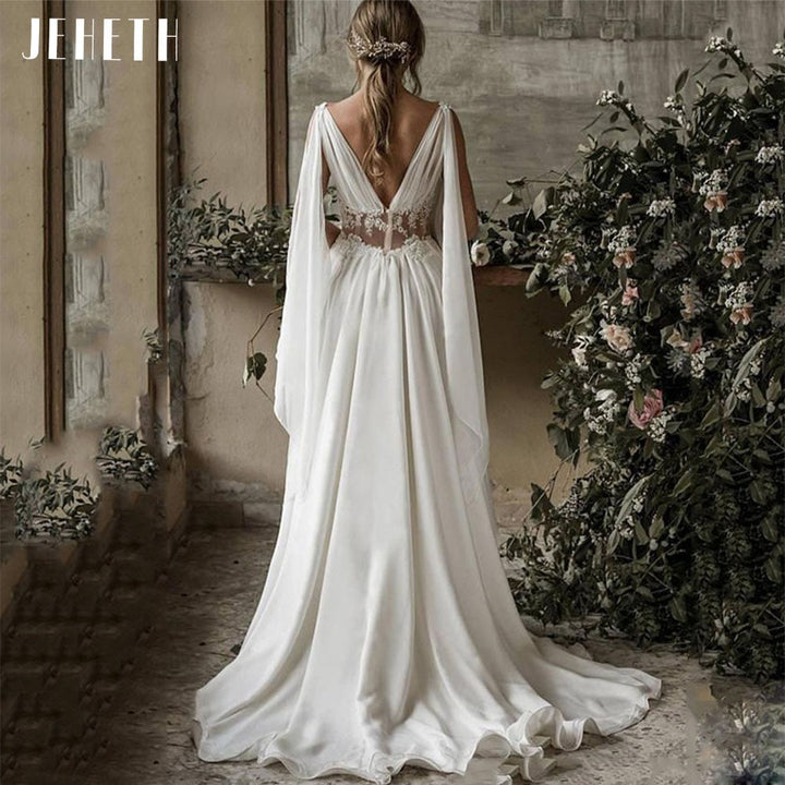 HERA<br>Greek Goddess inspired Vintage Chiffon Appliqué Boho Chic Beach Backless A-line Bohemian Bridal Gown