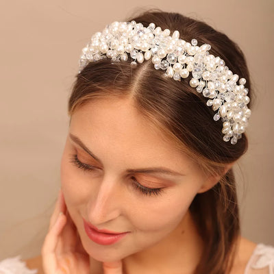 HANDMADE BRIDAL HEADBAND<br>Pearl Crystal Alloy Silver Wire Headwear Bridal Tiara