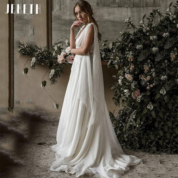 HERA<br>Greek Goddess inspired Vintage Chiffon Appliqué Boho Chic Beach Backless A-line Bohemian Bridal Gown