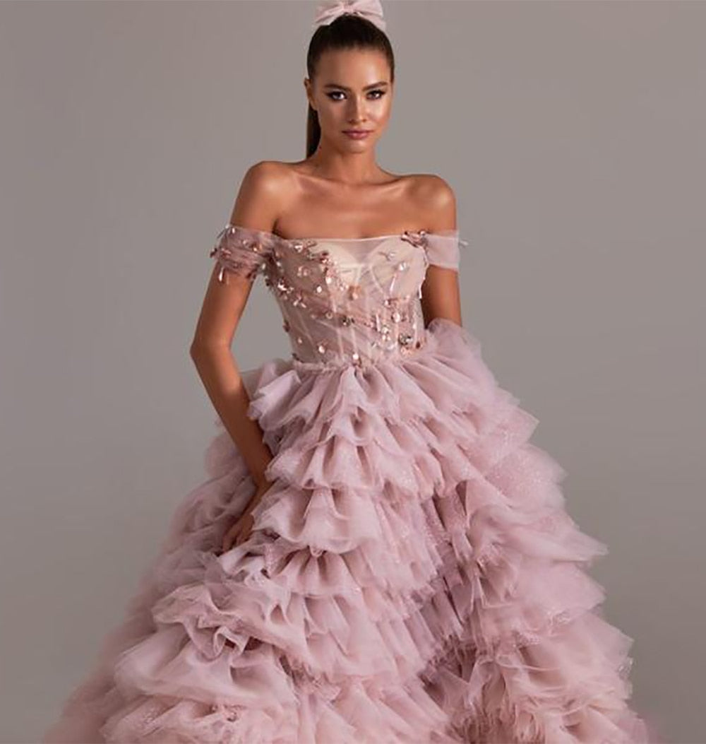 PEONY<br>Elegant Pink Tiered Crystal Beading Off-the-Shoulder Sequined A-Line Bridal Gown