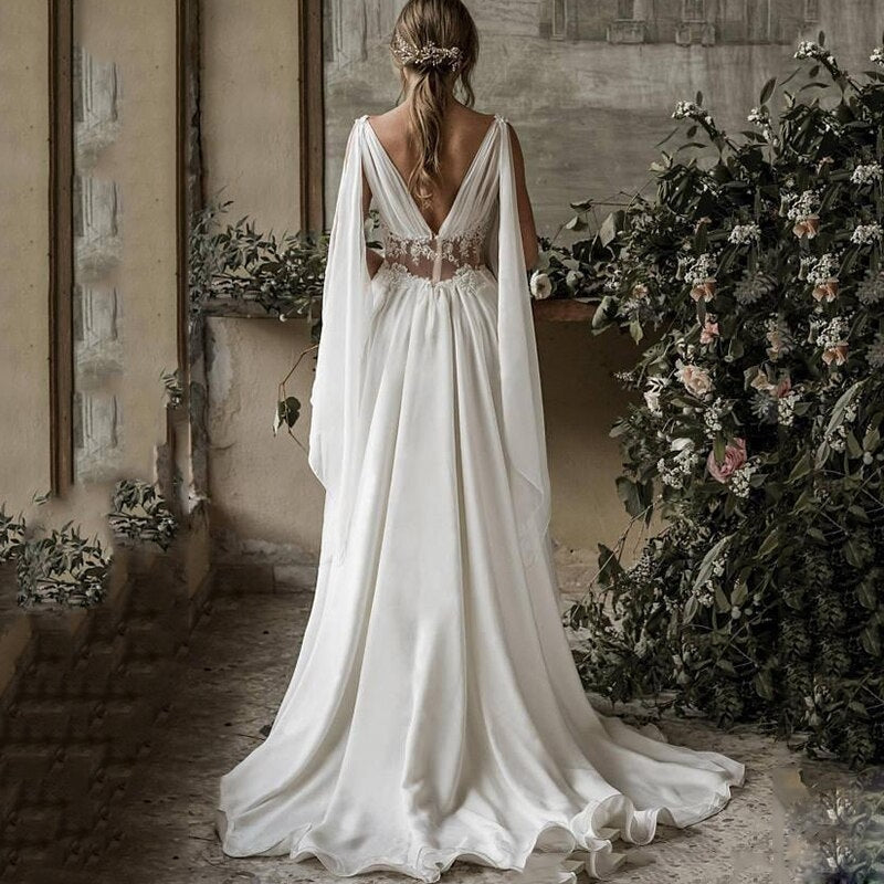 HERA<br>Greek Goddess inspired Vintage Chiffon Appliqué Boho Chic Beach Backless A-line Bohemian Bridal Gown
