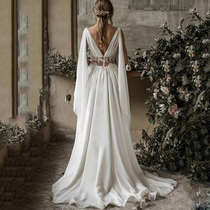 HERA<br>Greek Goddess inspired Vintage Chiffon Appliqué Boho Chic Beach Backless A-line Bohemian Bridal Gown