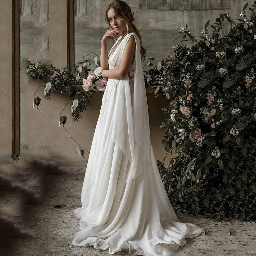 HERA<br>Greek Goddess inspired Vintage Chiffon Appliqué Boho Chic Beach Backless A-line Bohemian Bridal Gown