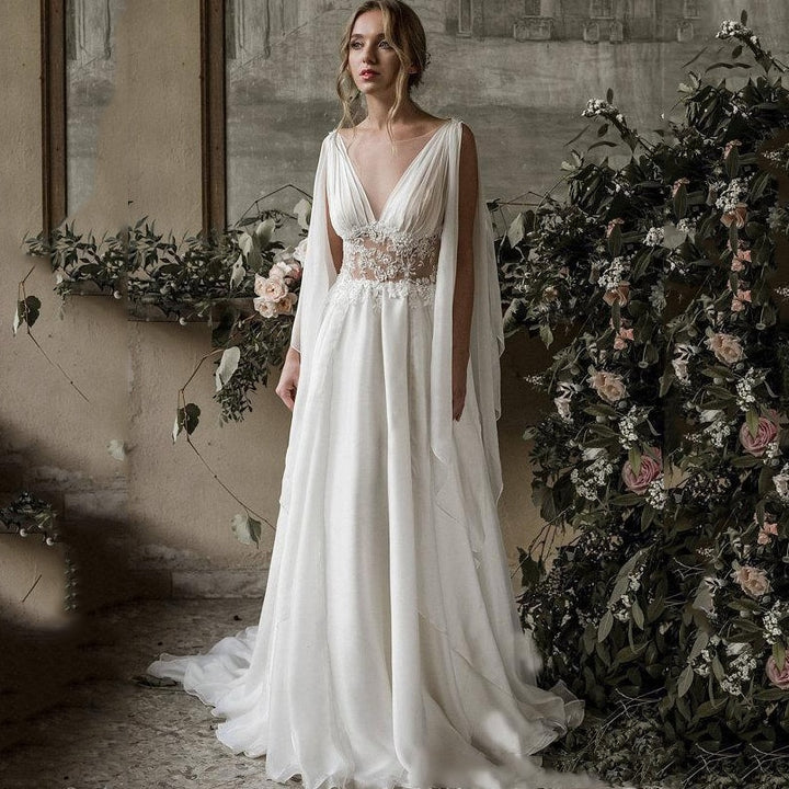 HERA<br>Greek Goddess inspired Vintage Chiffon Appliqué Boho Chic Beach Backless A-line Bohemian Bridal Gown