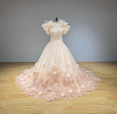 MONIQUE<br>Final Sale<br>Upscale Deep-V Neckline and Deep-V Back 3D Flowers and Bows Sleeveless Bridal Dress