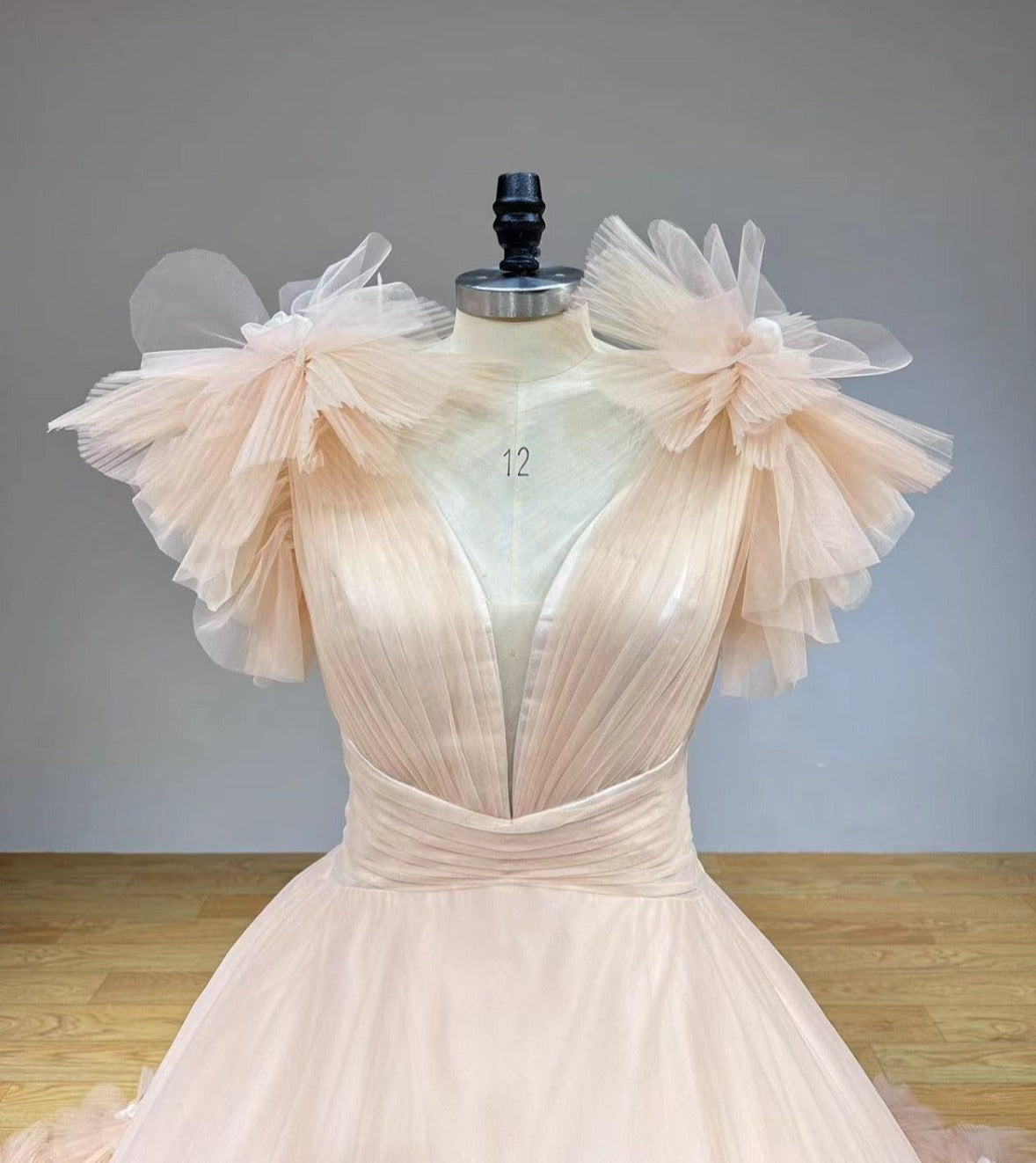 MONIQUE<br>Final Sale<br>Upscale Deep-V Neckline and Deep-V Back 3D Flowers and Bows Sleeveless Bridal Dress