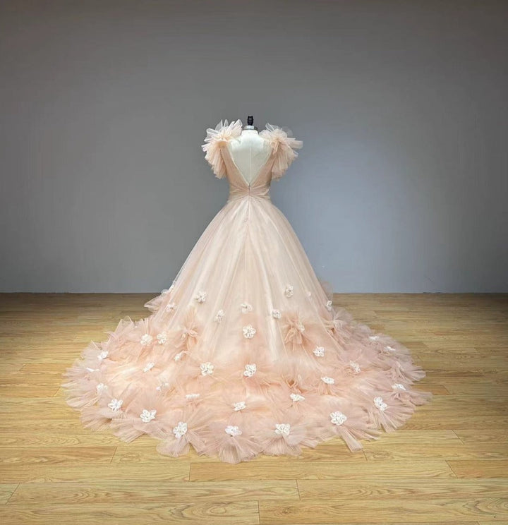 MONIQUE<br>Final Sale<br>Upscale Deep-V Neckline and Deep-V Back 3D Flowers and Bows Sleeveless Bridal Dress