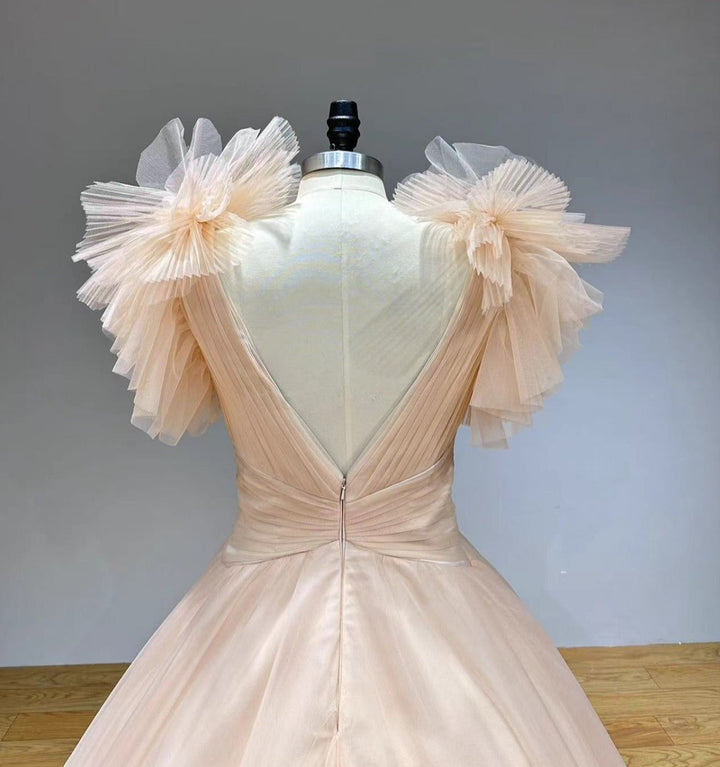 MONIQUE<br>Final Sale<br>Upscale Deep-V Neckline and Deep-V Back 3D Flowers and Bows Sleeveless Bridal Dress