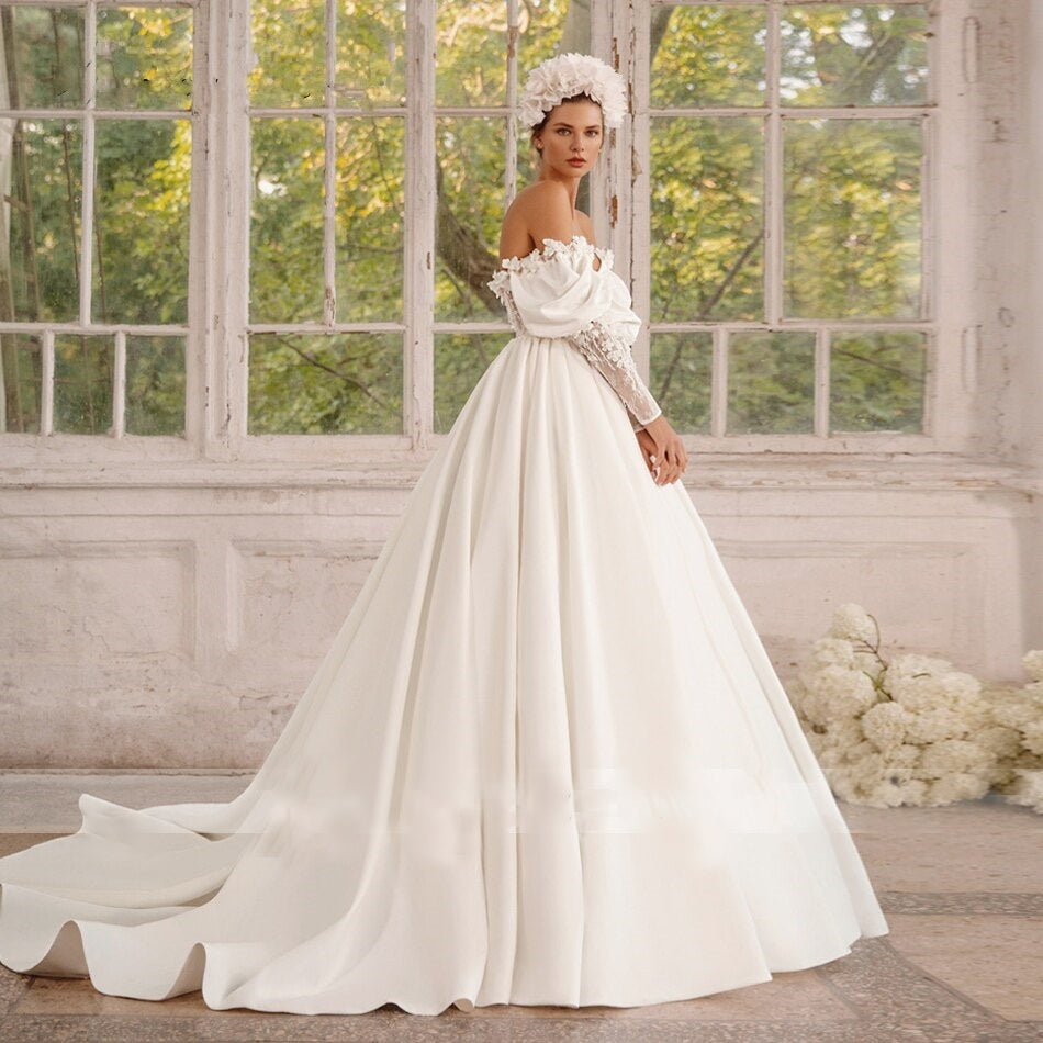 LUCIA<br>A-Line Beaded Flower Appliqué Sweetheart Neckline Satin and Lace Puff Sleeve Bridal Gown