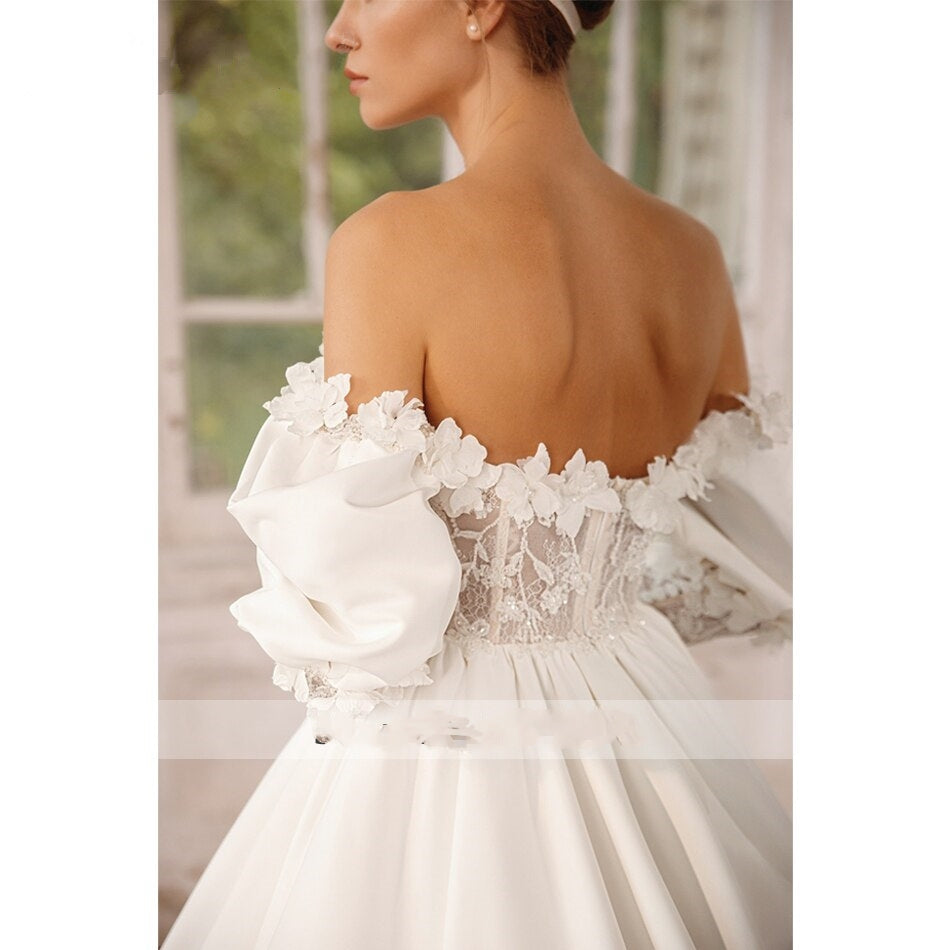LUCIA<br>A-Line Beaded Flower Appliqué Sweetheart Neckline Satin and Lace Puff Sleeve Bridal Gown