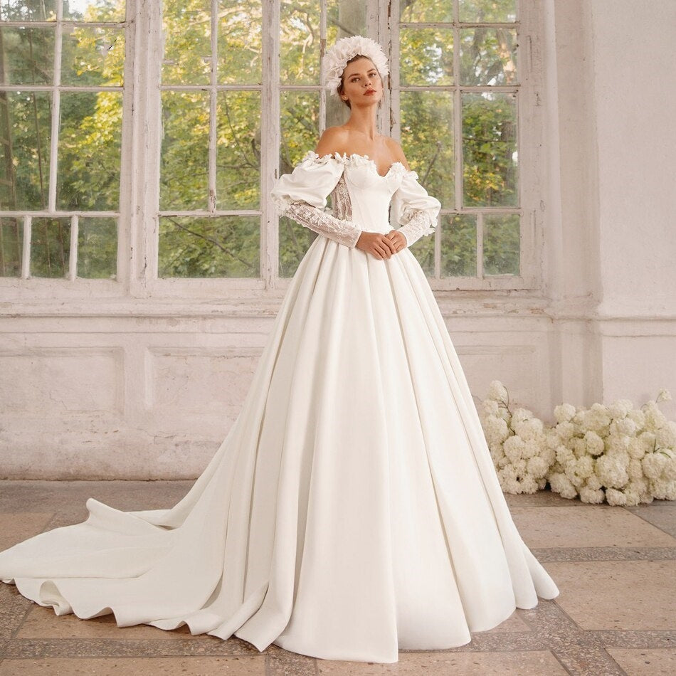 LUCIA<br>A-Line Beaded Flower Appliqué Sweetheart Neckline Satin and Lace Puff Sleeve Bridal Gown