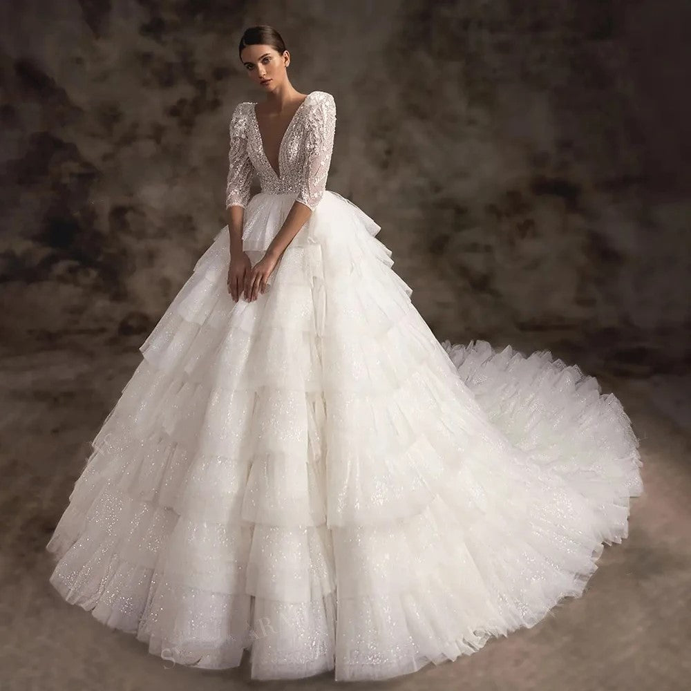 Three-Quarter Sleeved Shiny Tiered V-Neck Beaded Court Train Plus Size Ball Gown Wedding Dress