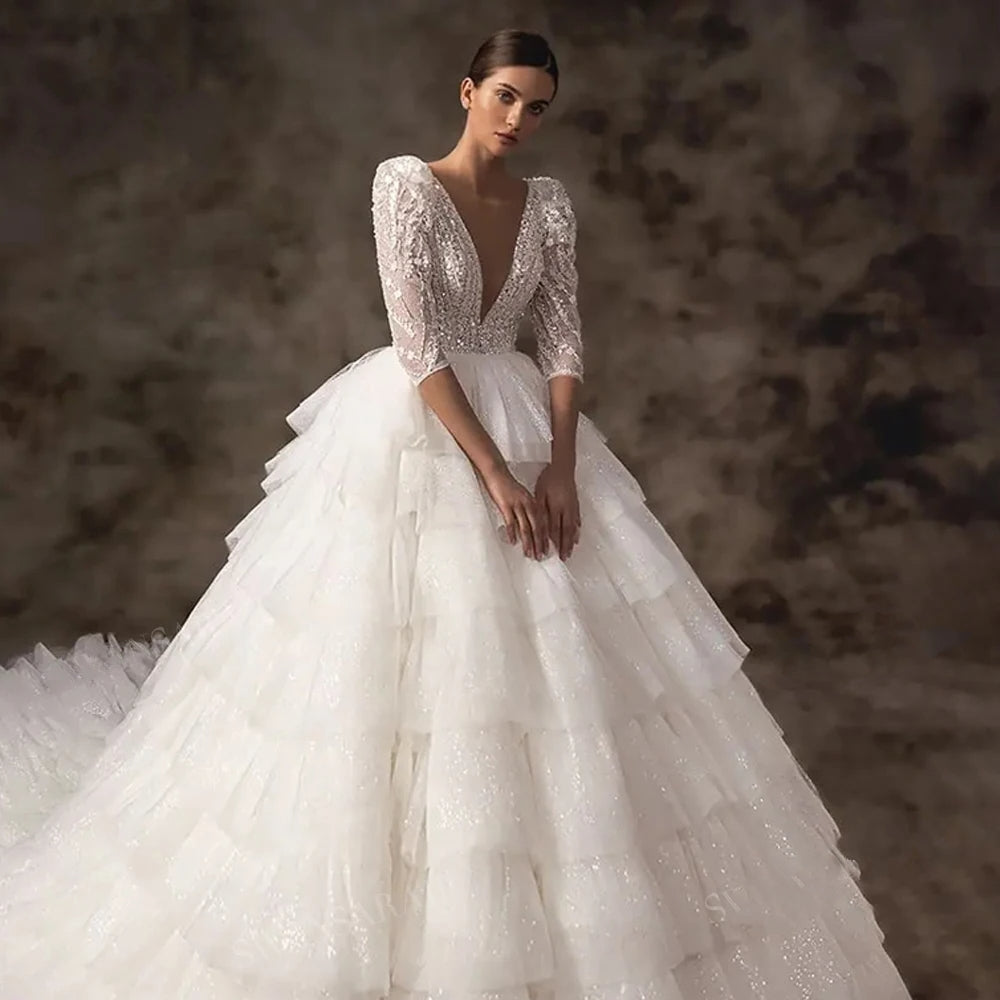 Three-Quarter Sleeved Shiny Tiered V-Neck Beaded Court Train Plus Size Ball Gown Wedding Dress