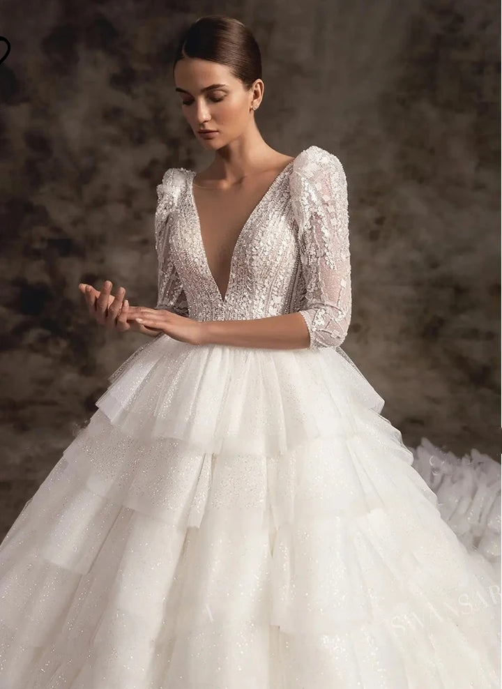 Three-Quarter Sleeved Shiny Tiered V-Neck Beaded Court Train Plus Size Ball Gown Wedding Dress