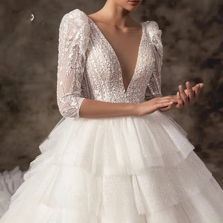 Three-Quarter Sleeved Shiny Tiered V-Neck Beaded Court Train Plus Size Ball Gown Wedding Dress
