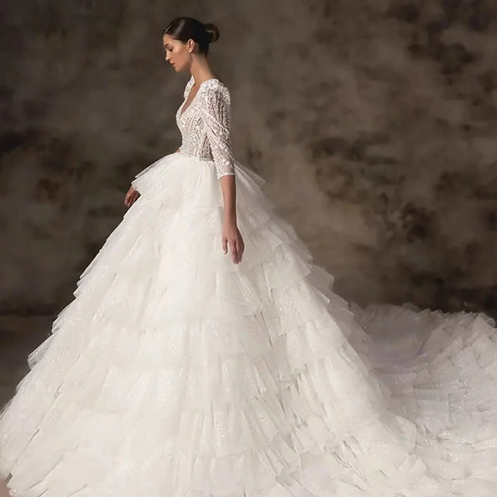 Three-Quarter Sleeved Shiny Tiered V-Neck Beaded Court Train Plus Size Ball Gown Wedding Dress