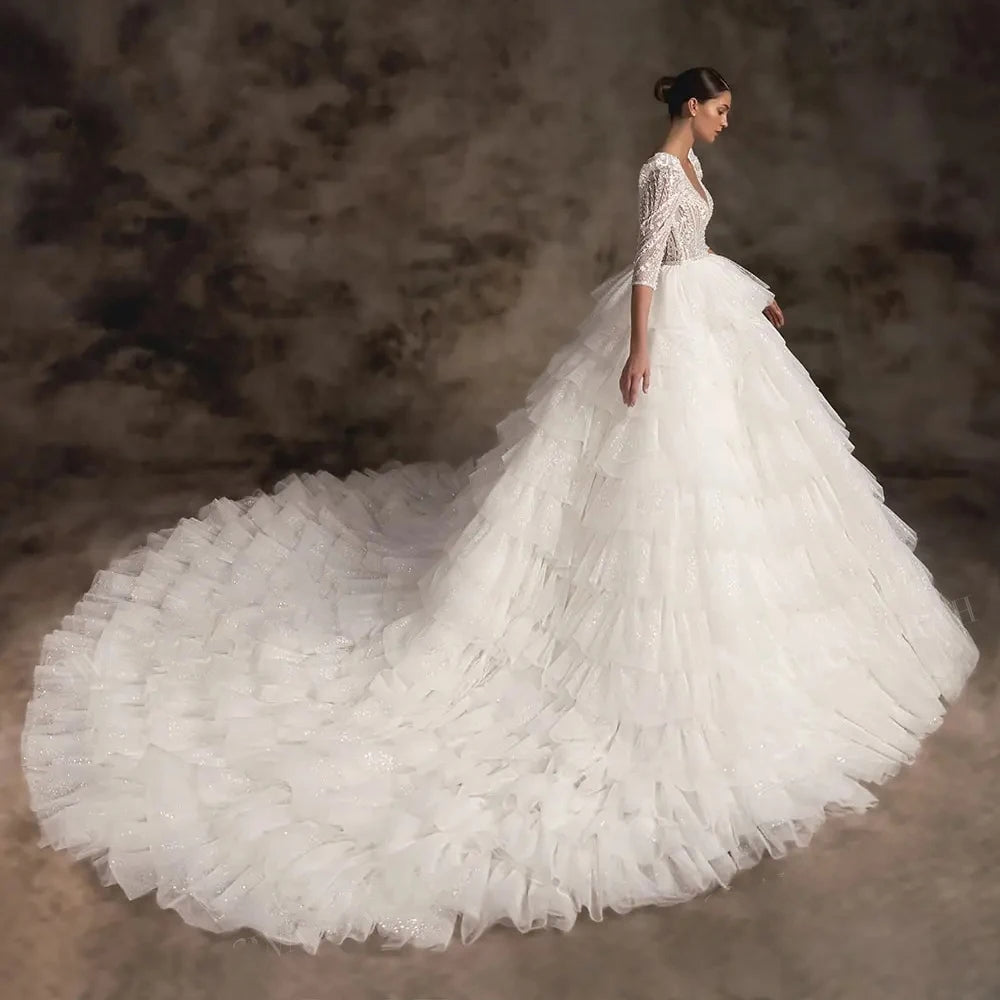 Three-Quarter Sleeved Shiny Tiered V-Neck Beaded Court Train Plus Size Ball Gown Wedding Dress