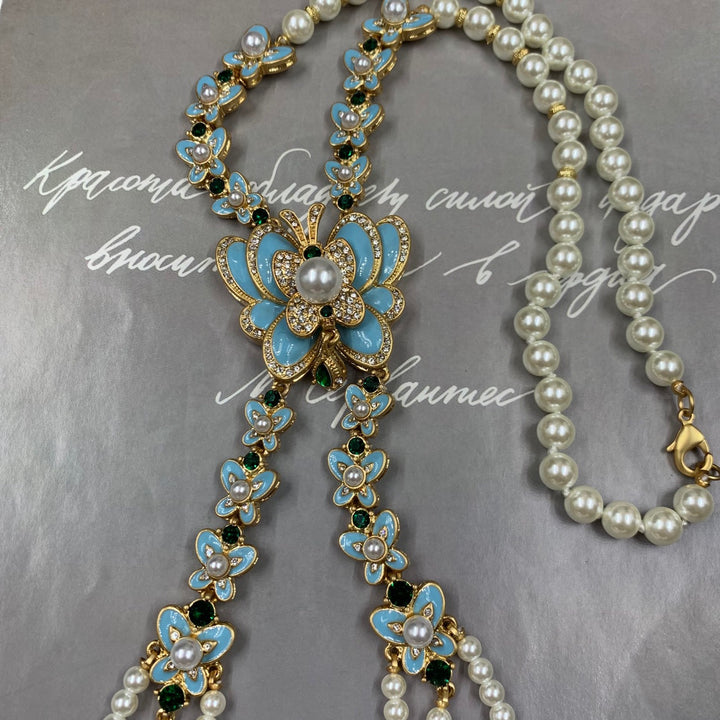 Chrysalis Dream™ – Vintage Blue Butterfly &amp; Glass Pearl Enamel Jewelry Set
