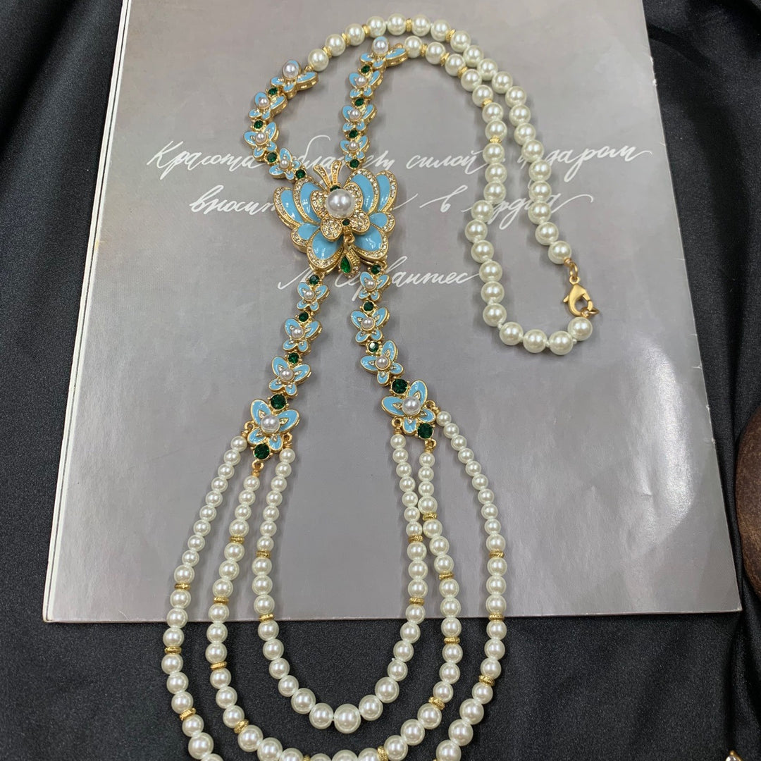 Chrysalis Dream™ – Vintage Blue Butterfly &amp; Glass Pearl Enamel Jewelry Set