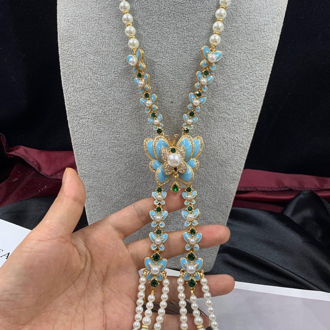 Chrysalis Dream™ – Vintage Blue Butterfly &amp; Glass Pearl Enamel Jewelry Set