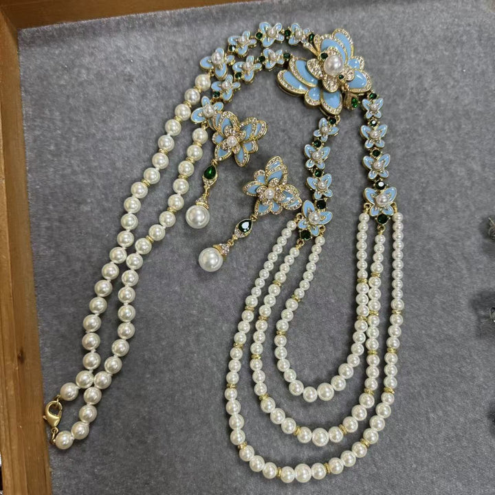 Chrysalis Dream™ – Vintage Blue Butterfly &amp; Glass Pearl Enamel Jewelry Set