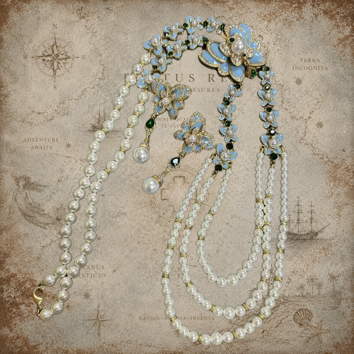 Chrysalis Dream™ – Vintage Blue Butterfly &amp; Glass Pearl Enamel Jewelry Set