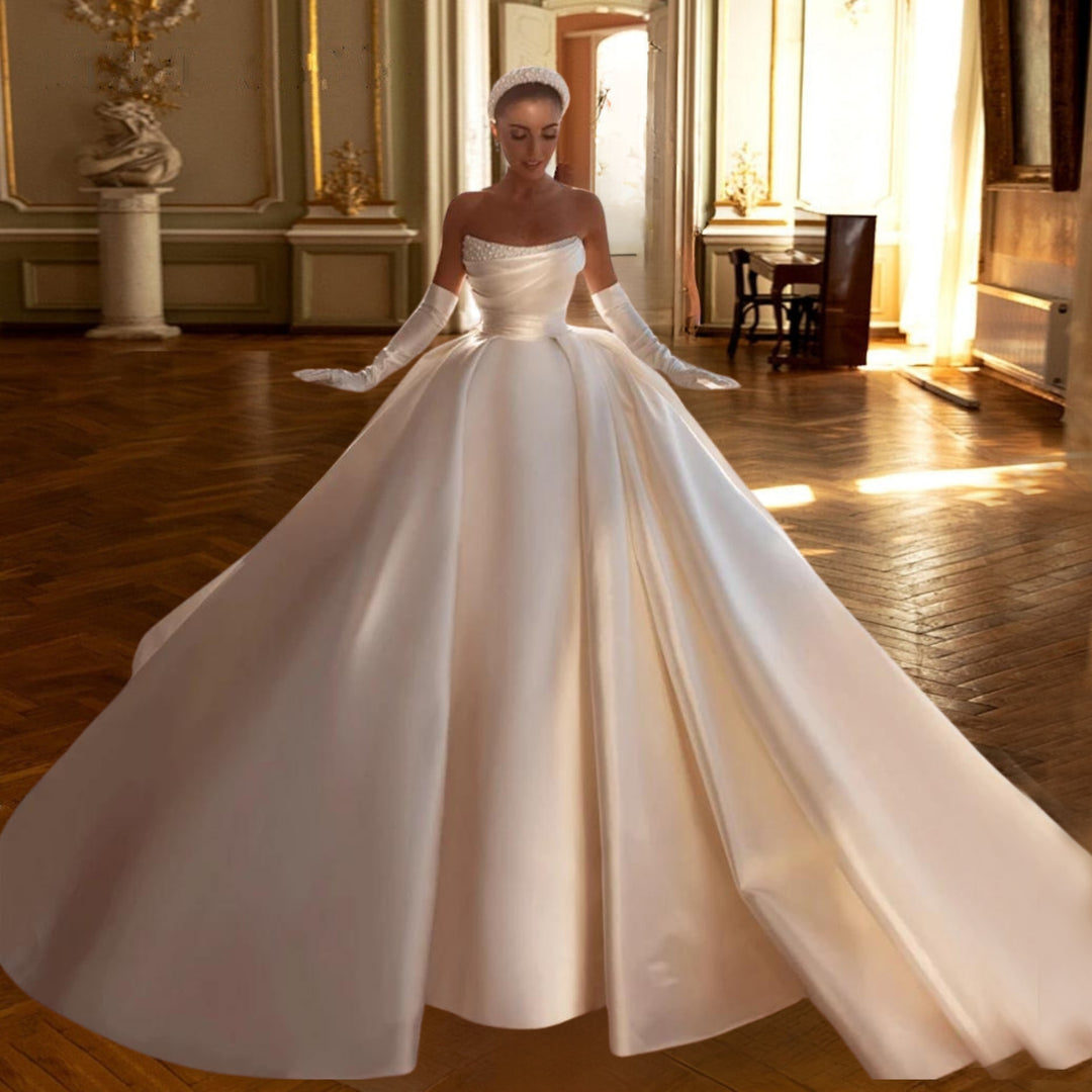Satin Beaded Pearled Boat Neck Detachable Bow Vintage Style Bridal Gown
