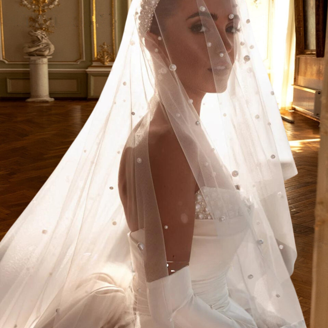 Satin Beaded Pearled Boat Neck Detachable Bow Vintage Style Bridal Gown