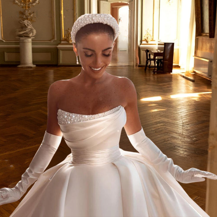 Satin Beaded Pearled Boat Neck Detachable Bow Vintage Style Bridal Gown