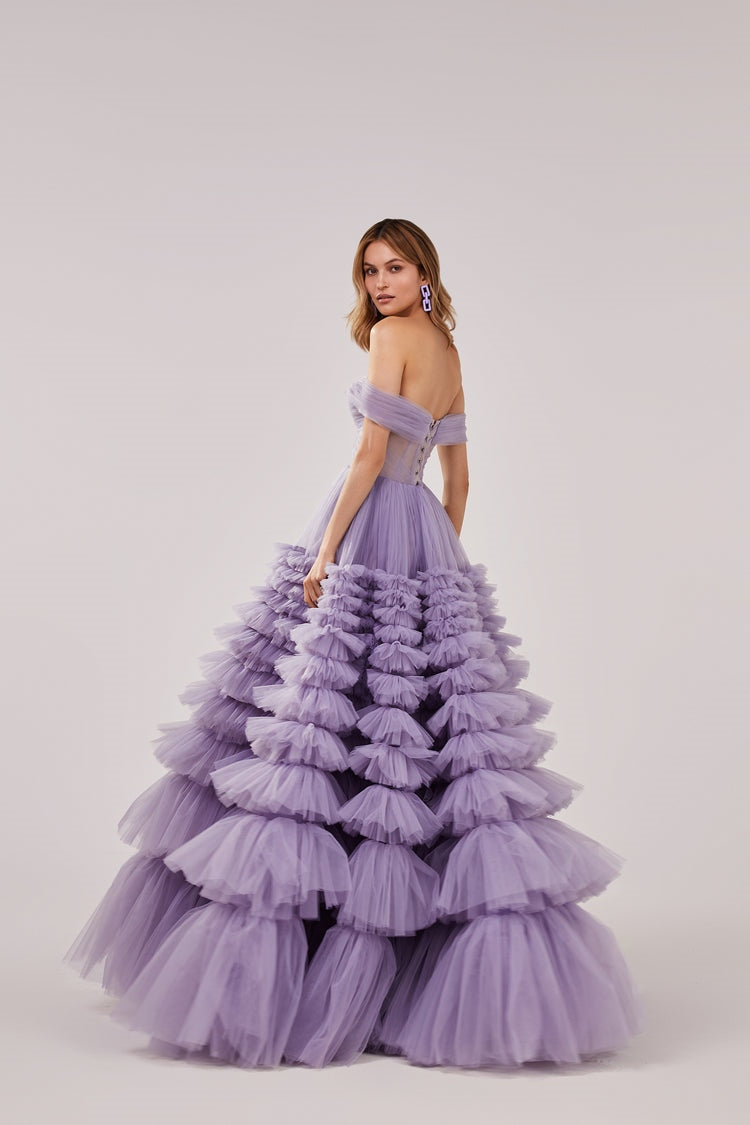 VIOLETTE<br>Lavender Tiered Sweetheart Neckline Off-the-Shoulder Ruffled Long Lace-up Wedding Gown