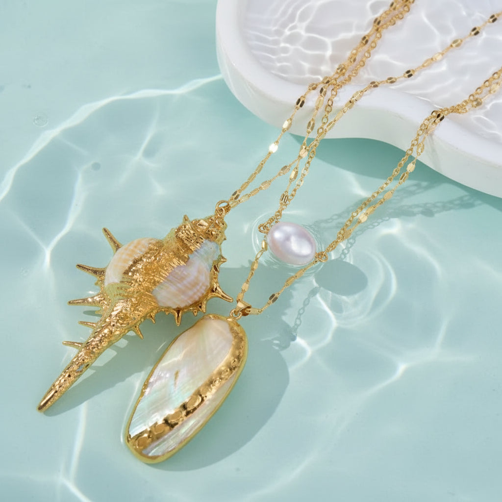 Treasure of the Tides™ Pearl &amp; Conch Shell Necklace – Gold Ocean Charm Statement Necklace