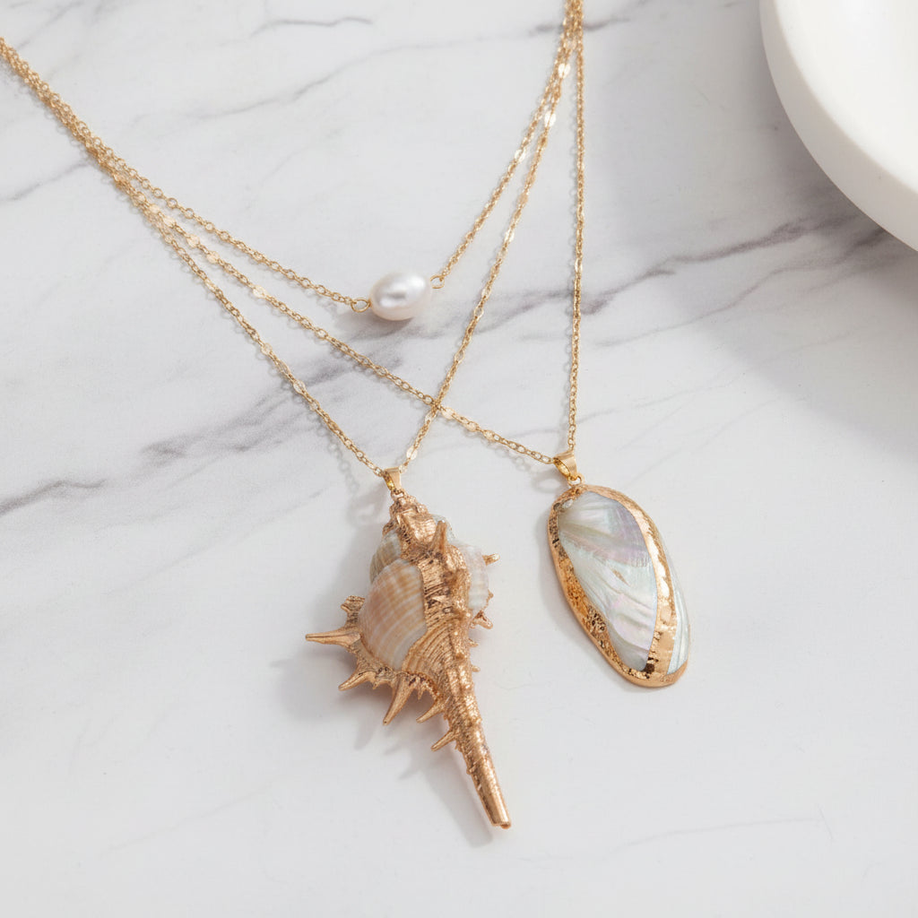 Treasure of the Tides™ Pearl &amp; Conch Shell Necklace – Gold Ocean Charm Statement Necklace