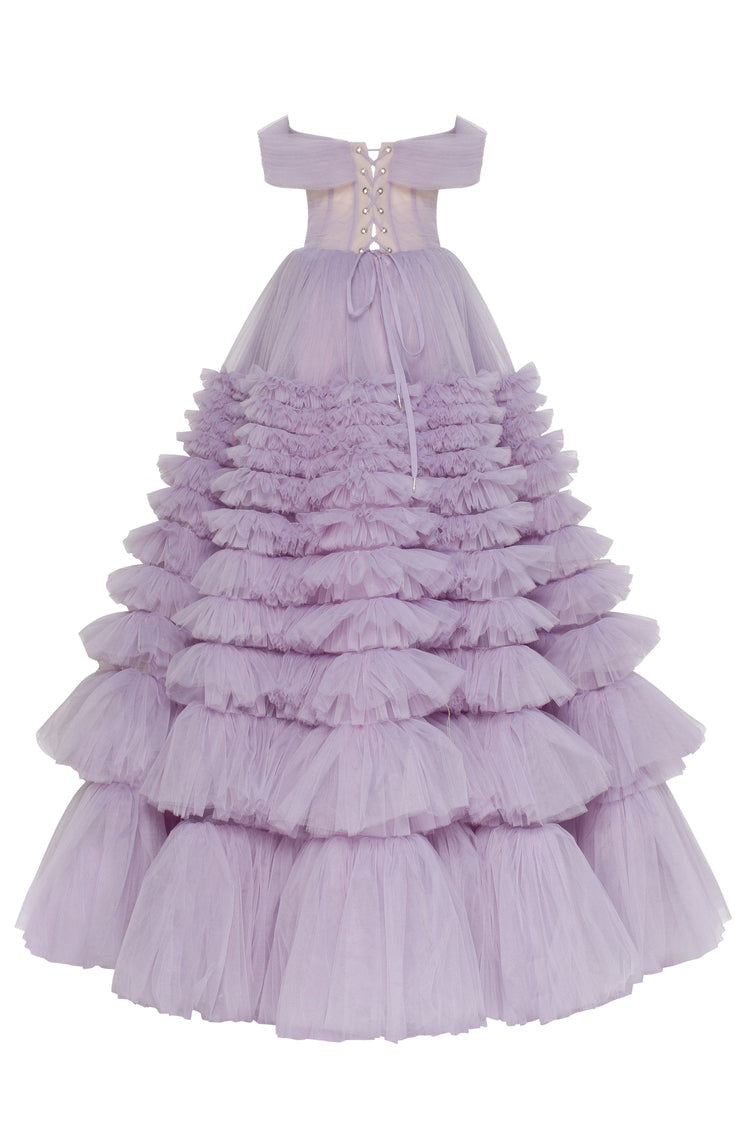 VIOLETTE<br>Lavender Tiered Sweetheart Neckline Off-the-Shoulder Ruffled Long Lace-up Wedding Gown