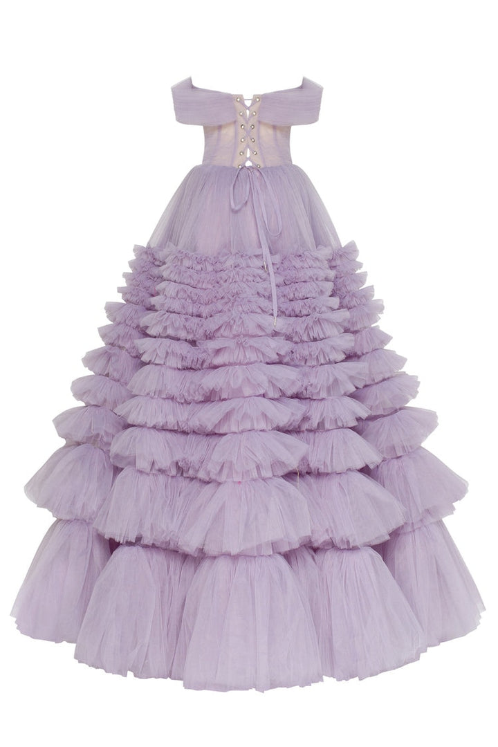 VIOLETTE<br>Lavender Tiered Sweetheart Neckline Off-the-Shoulder Ruffled Long Lace-up Wedding Gown