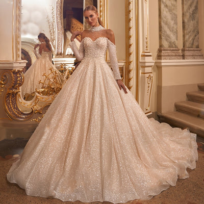 Sparkles and Pearls Illusion Off-the-Shoulder Ball Gown Court Train Princess Bridal Gown
