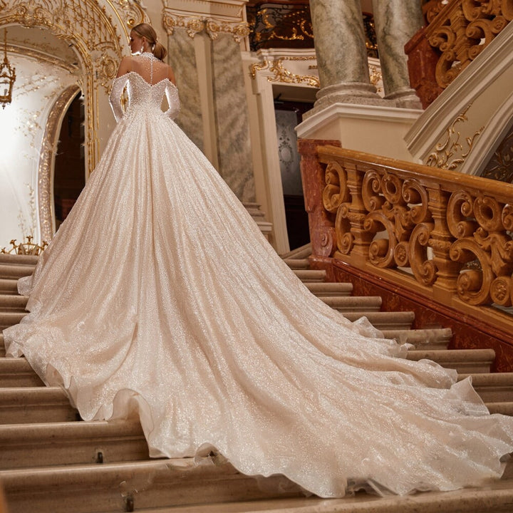 Sparkles and Pearls Illusion Off-the-Shoulder Ball Gown Court Train Princess Bridal Gown