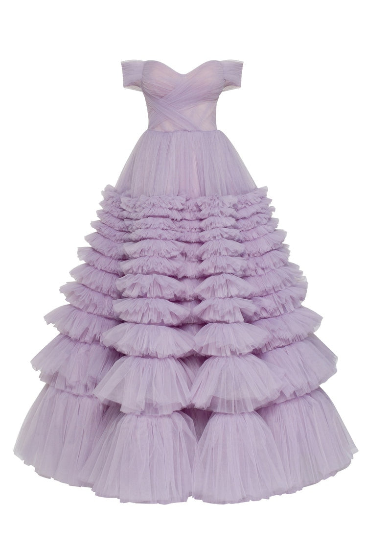 VIOLETTE<br>Lavender Tiered Sweetheart Neckline Off-the-Shoulder Ruffled Long Lace-up Wedding Gown